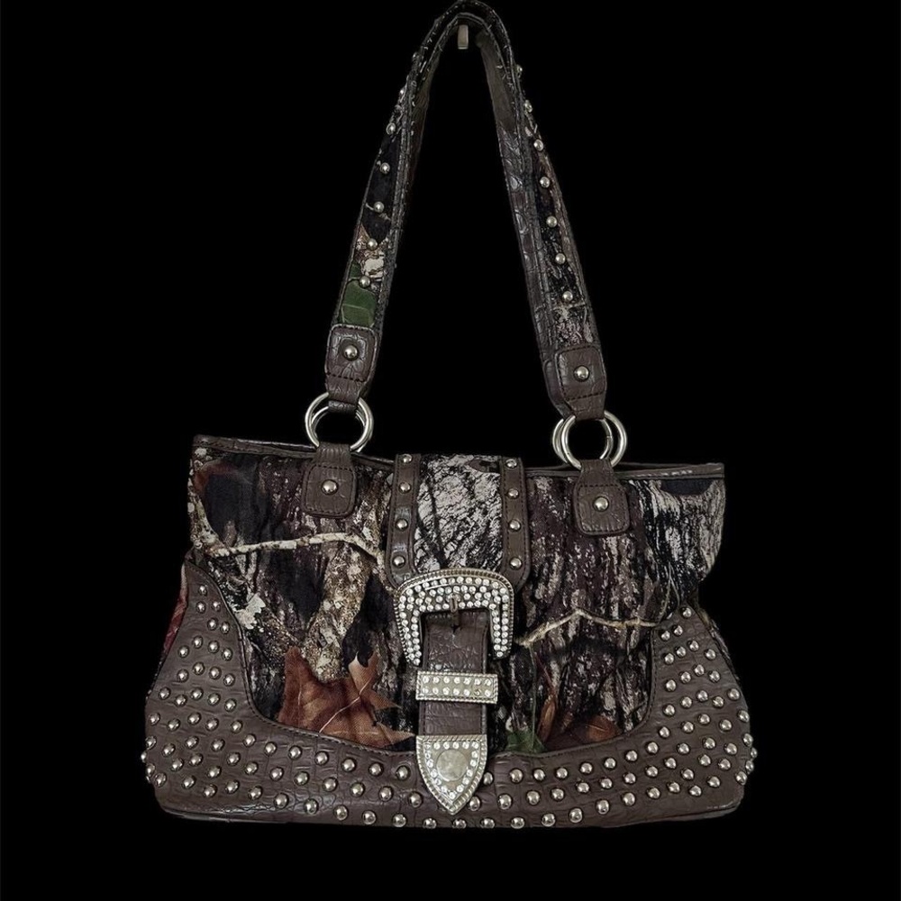 Vintage Camouflage and Brown Studded Shoulder Bag
